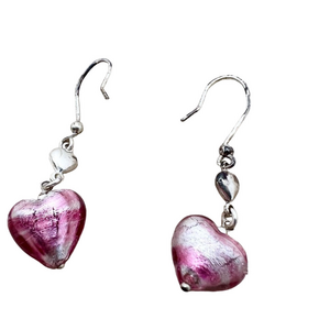 Pink glass heart dangle drop earrings